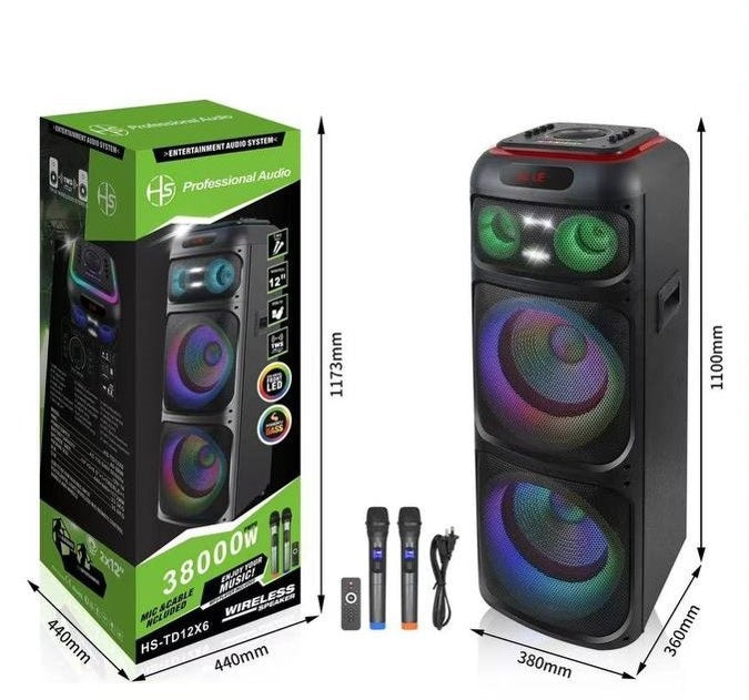 HS-TD12X7 BLUETOOTH TROLLEY STEREO KARAOKE SPEAKER 38000W Dual 12 Inch