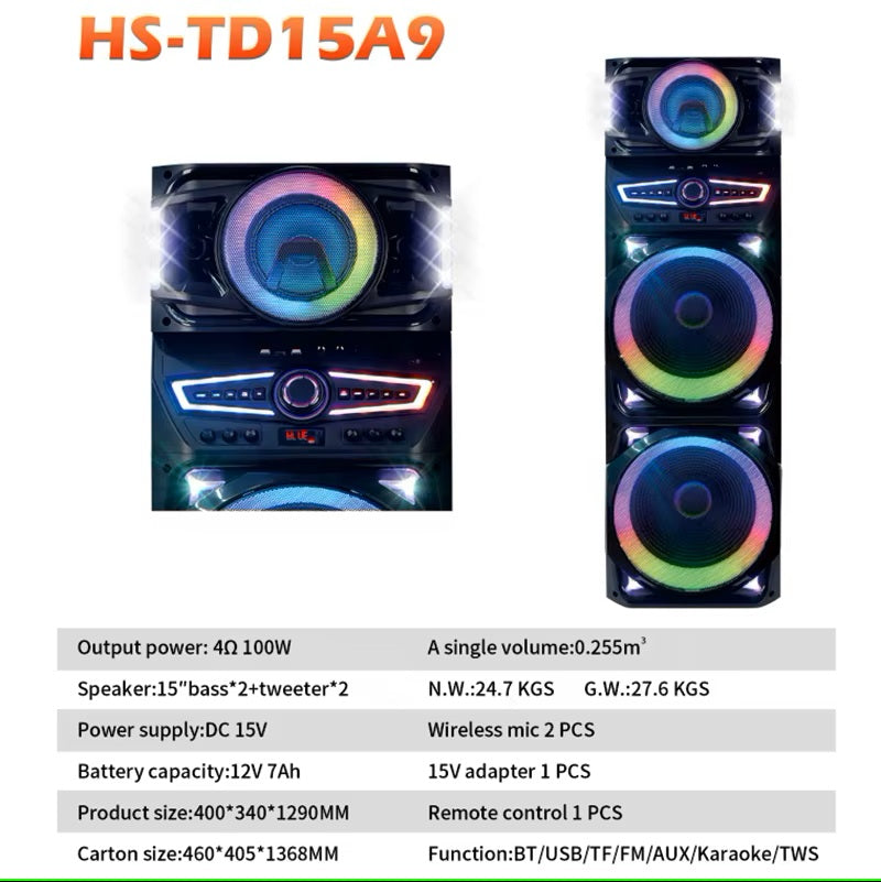 Portable Speaker Karaoke Double 15 inch audio usb active speaker led partybox with microphone HS-TD15A9
