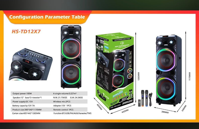 HS-TD12X7 BLUETOOTH TROLLEY STEREO KARAOKE SPEAKER 38000W Dual 12 Inch