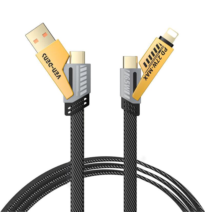VEN-DENS 4 in 1 Multi Charger Cable | 65W Fast Charging Multi-Port Cable | USB A/C to Lightning & USB C | 120CM Nylon Braided Compatible with iPhone 16/15/14/13/12 Pro Max, MacBook Samsung Galaxy