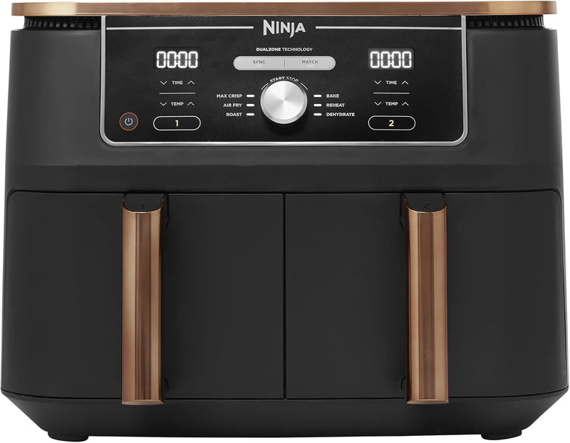 Ninja Foodi MAX Dual Zone Air Fryer, Amazon Exclusive, Tongs, 2 Drawers, 9.5L, 6-in-1, Use No Oil, Air Fry, Max Crisp, Roast, Bake, 8 Portions, Nonstick Dishwasher Safe Baskets, Copper/Black AF400UKCP