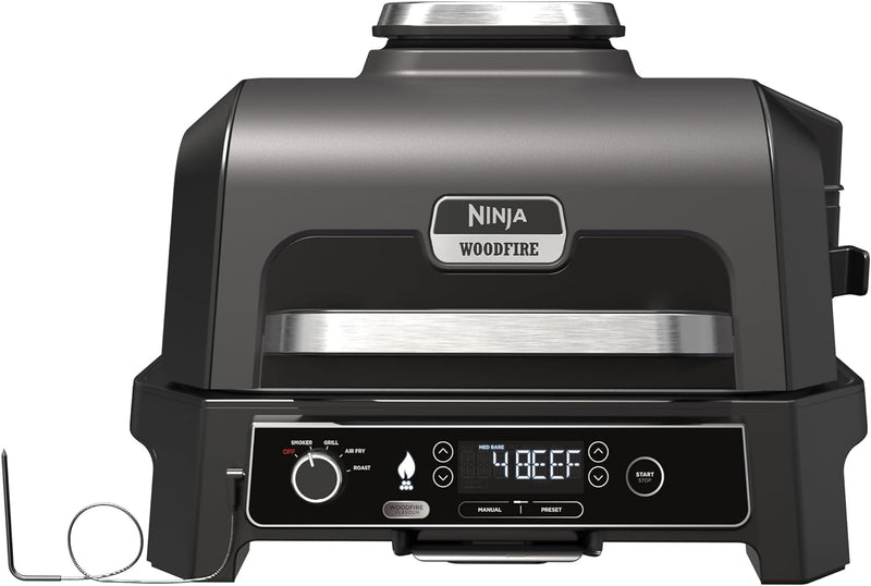 Ninja Woodfire Pro XL Electric BBQ Grill & Smoker with Digital Probe, Large 4-in-1 Outdoor Grill & Air Fryer with Smart Cook System & Woodfire Pellets, Weather Resistant, Portable, Grey/Black OG850UK