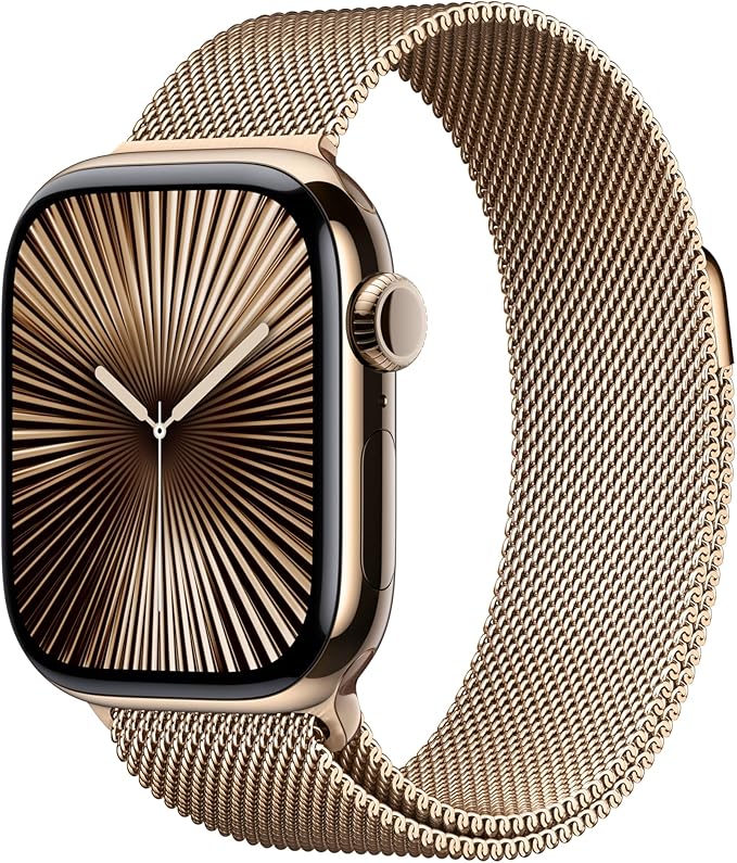 Apple Watch Series 10 GPS + Cellular 42 mm Smartwatch with Gold Titanium Case with Gold Milanese Loop - One Size (Fits Most). Fitness Tracker, ECG App, Always-On Retina Display, Carbon Neutral