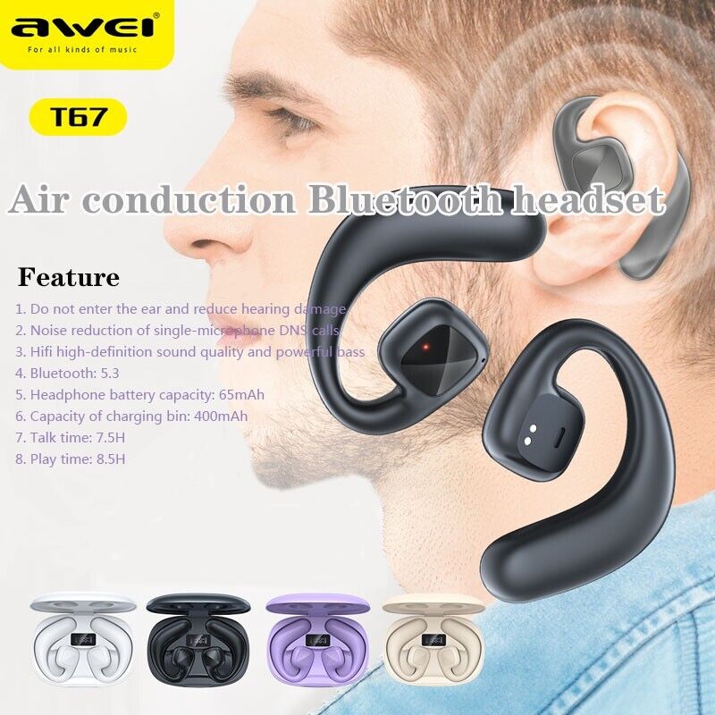 AWEI T67 AIR-CONDUCTED SPORTS HEADSETS EARPHONES WIRELESS BLUETOOTH WITH MIC BLACK