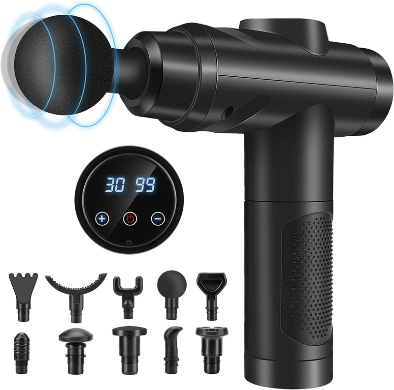 Massage Gun Deep Tissue, Muscle Percussion Massager with 30 Speeds Quiet Hand Massagers with LCD Touch Screen 10 Heads for Shoulder Body Back Relaxation (Black)