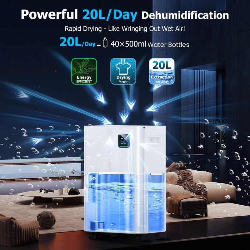 20L/Day Dehumidifier with Humidity Sensor, LED Display & 24-Hour Timer – White