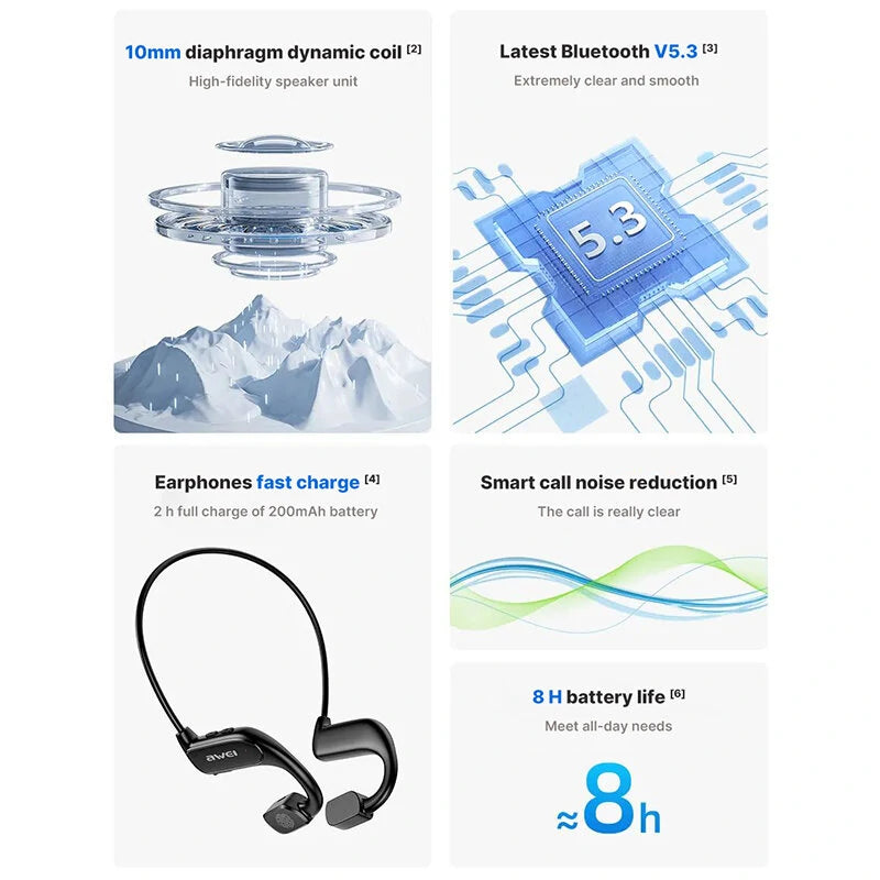 Awei A897BL Air conduction Earbuds bluetooth 5.3 Earphone HiFi Stereo Sport Earhooks Headphones with Mic