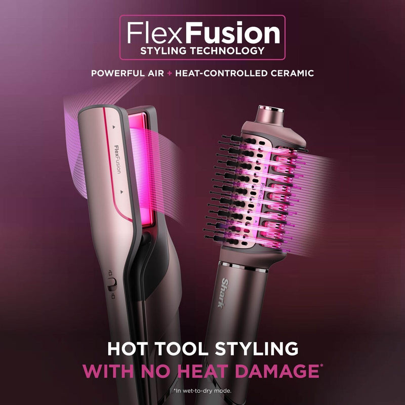 Shark FlexFusion Multi-Styler and Hair Straightener, Hot Air Styler and Blow Dryer with Ceramic Plates, Wet-to-Dry Styling, No Heat Damage, Scalp Shield, Styling Attachments with Case – Cosmic Blush