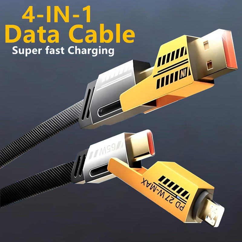 VEN-DENS 4 in 1 Multi Charger Cable | 65W Fast Charging Multi-Port Cable | USB A/C to Lightning & USB C | 120CM Nylon Braided Compatible with iPhone 16/15/14/13/12 Pro Max, MacBook Samsung Galaxy