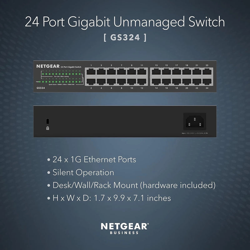 NETGEAR 24 Port Gigabit Network Switch GS324 - Ethernet Splitter - 24