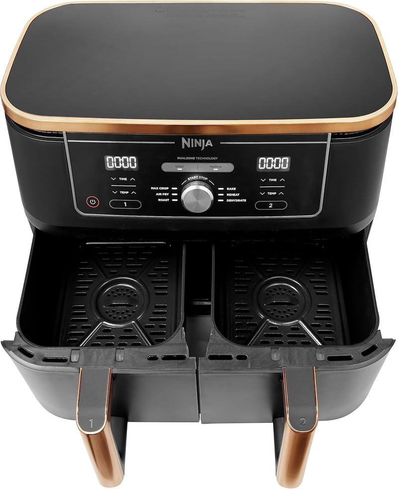 Ninja Foodi MAX Dual Zone Air Fryer, Amazon Exclusive, Tongs, 2 Drawers, 9.5L, 6-in-1, Use No Oil, Air Fry, Max Crisp, Roast, Bake, 8 Portions, Nonstick Dishwasher Safe Baskets, Copper/Black AF400UKCP
