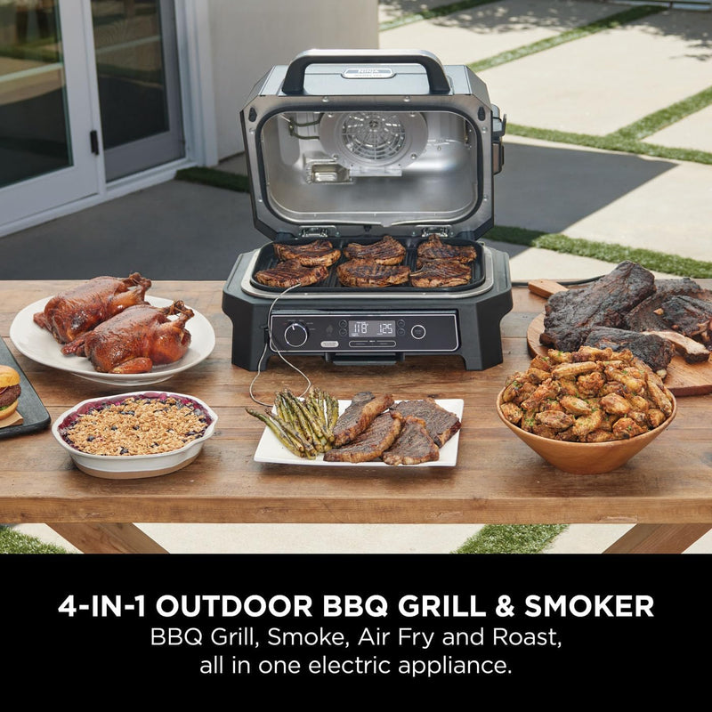 Ninja Woodfire Pro XL Electric BBQ Grill & Smoker with Digital Probe, Large 4-in-1 Outdoor Grill & Air Fryer with Smart Cook System & Woodfire Pellets, Weather Resistant, Portable, Grey/Black OG850UK