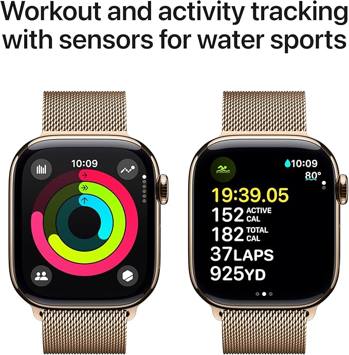 Apple Watch Series 10 GPS + Cellular 42 mm Smartwatch with Gold Titanium Case with Gold Milanese Loop - One Size (Fits Most). Fitness Tracker, ECG App, Always-On Retina Display, Carbon Neutral