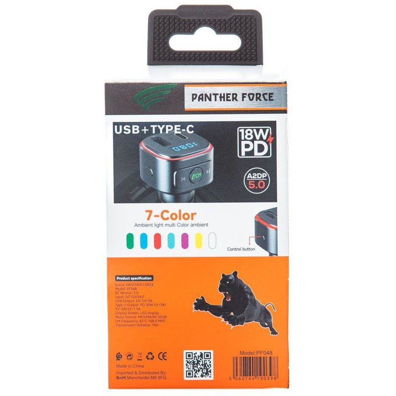 Panther Force 18W Wireless FM Car Kit With Type-C Car Charger (Multi Light)