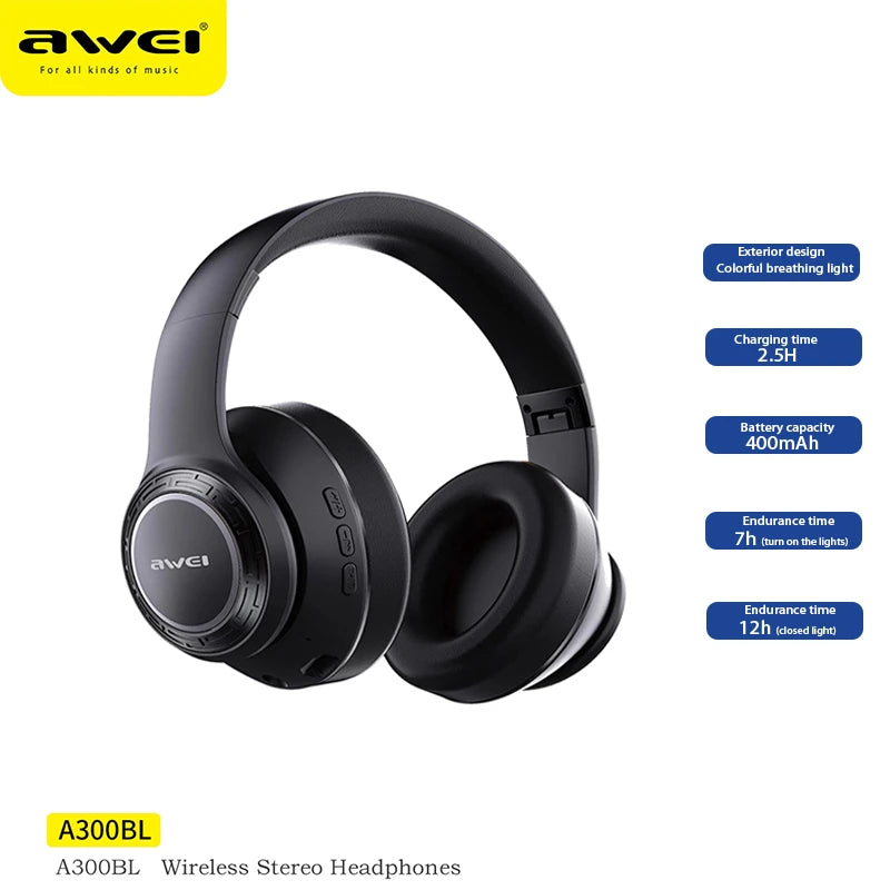 Awei A300BL Wireless Headphones Bluetooth 5.3 With Mic Sports Gaming Super Deal Colorful Light Headset HiFi Stereo Earphones