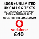 Preloaded Vodafone Sim Card  with 40GB Data,Unlimited calls and texts every 30 days for 6 months